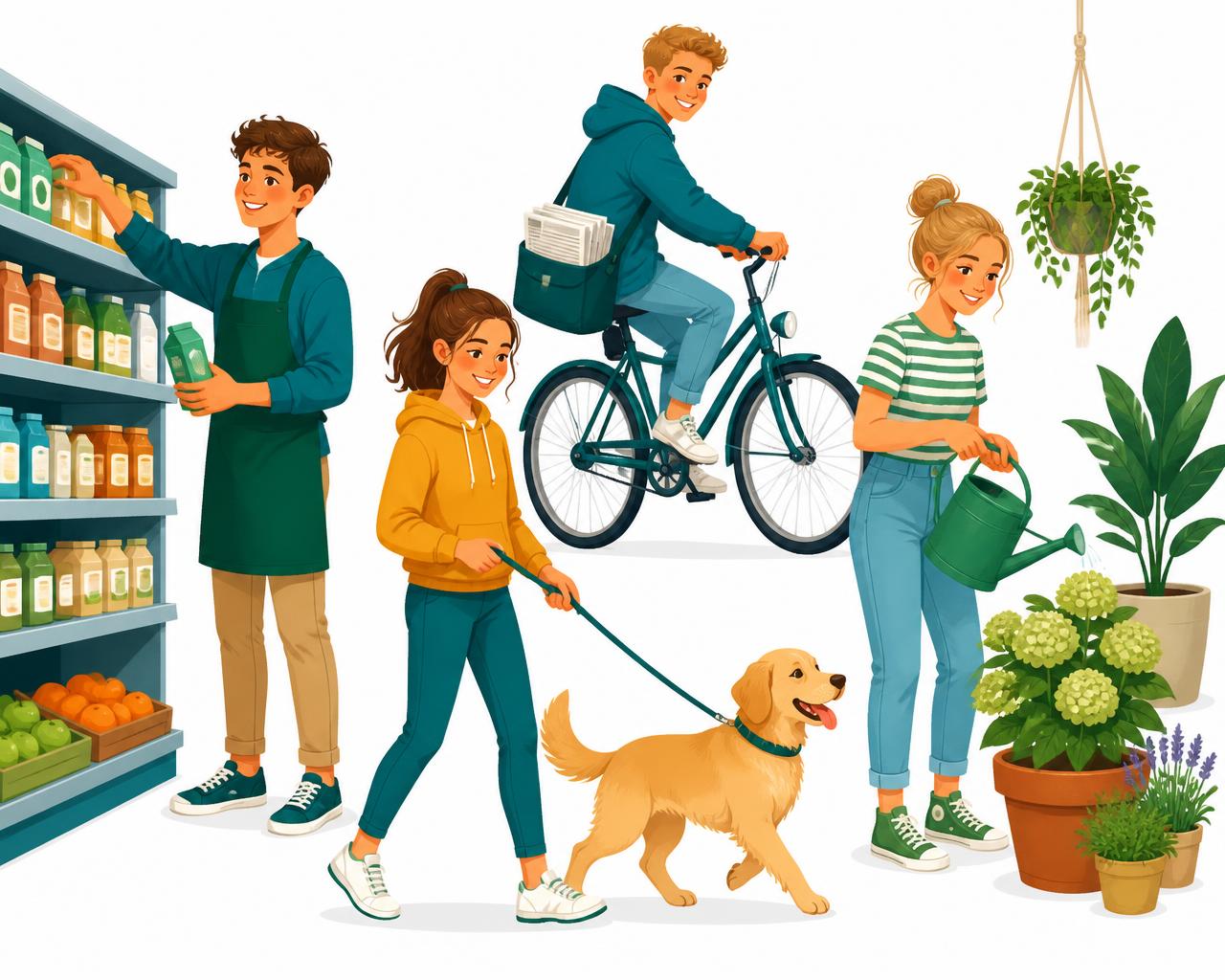 Jongeren aan het werk: vakken vullen, kranten bezorgen, hond uitlaten en planten water geven